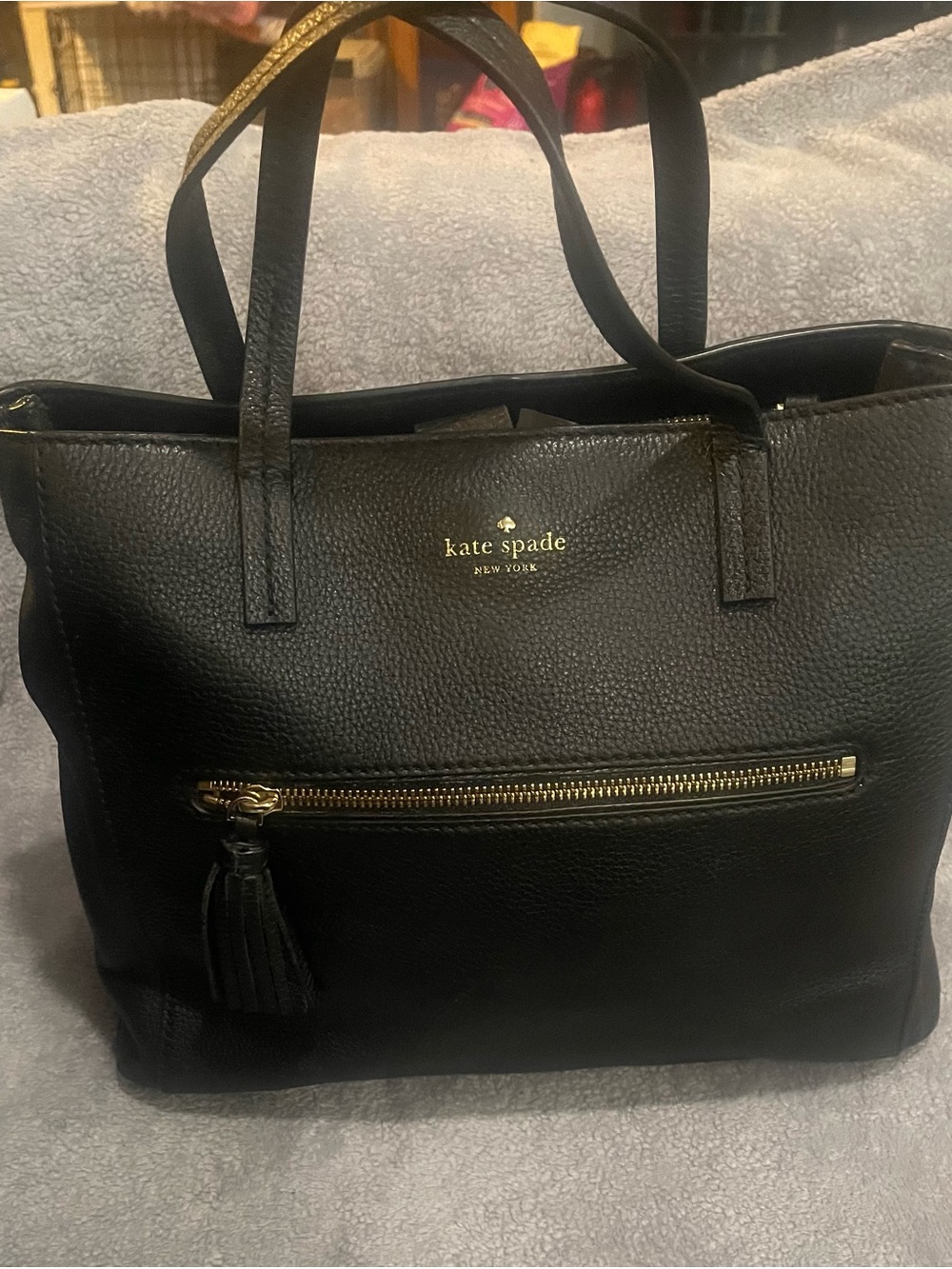 kate spade Black Pebbled Leather Shoulder Tote with Front Zip Tassel